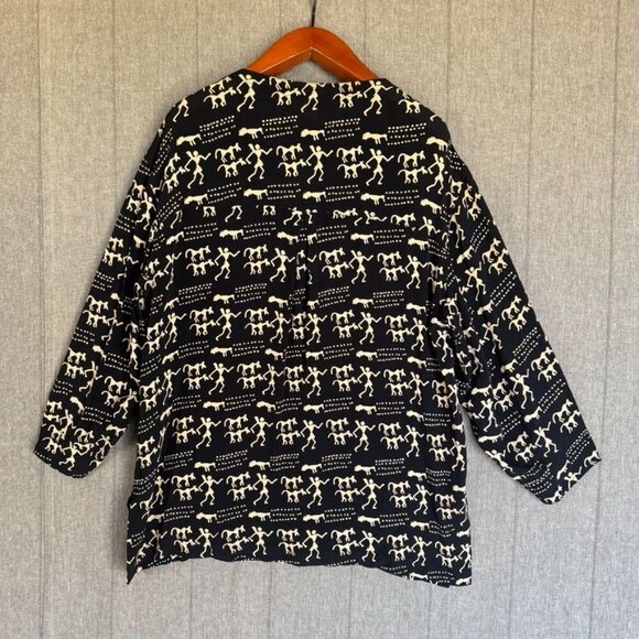 90s Vintage Chico's Black Cream Cave Art Zebra Print Silver Button Front Tunic - Picture 7 of 11